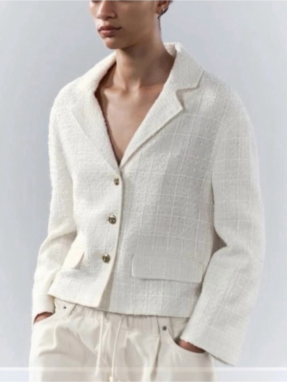 ZARA Women’s Metallic Tweed Cropped Jacket Boucle Blazer 3262/449 Small ECRU